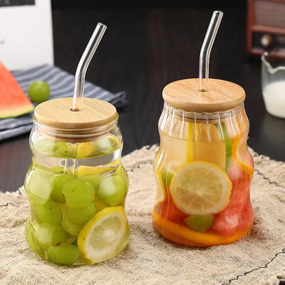 500ml Stripe Glass Cup with Lid & Straw – Iced Coffee Drinking Mug