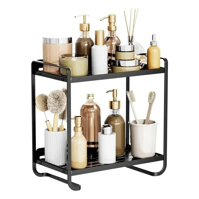 Black & Gold 2 Tier Cosmetics Storage Box | Bathroom Vanity Organizer Rack