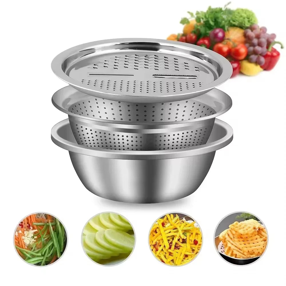 Stainless Steel Vegetable Grater Bowl – Kitchen Drain Basket & Slicer