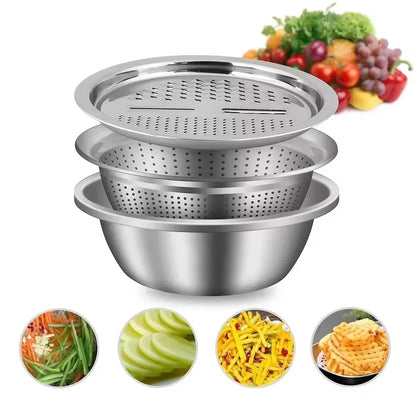 Stainless Steel Vegetable Grater Bowl – Kitchen Drain Basket & Slicer