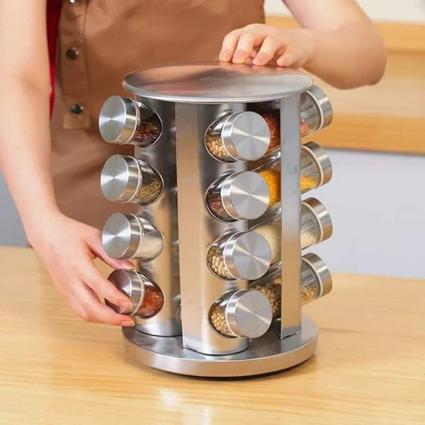 16-Piece Rotating Stainless Steel Spice Rack | 360° Masala Jar Organizer with Glass Jars