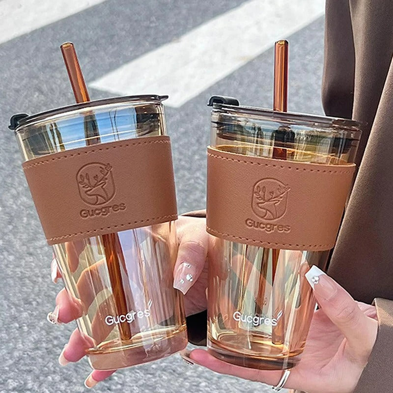 Aesthetic Glass Coffee Cup with Straw & Lid – Heat Resistant Mug