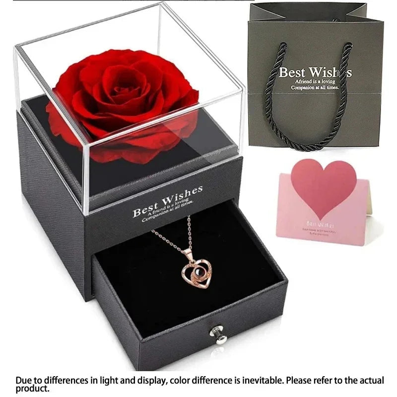 Love Red Rose Eternal Flower Gift Box for Women | Artificial Rose with Earring & Necklace Holder – Special Day Luxury Gift