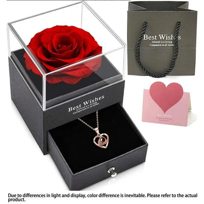 Love Red Rose Eternal Flower Gift Box for Women | Artificial Rose with Earring & Necklace Holder – Special Day Luxury Gift
