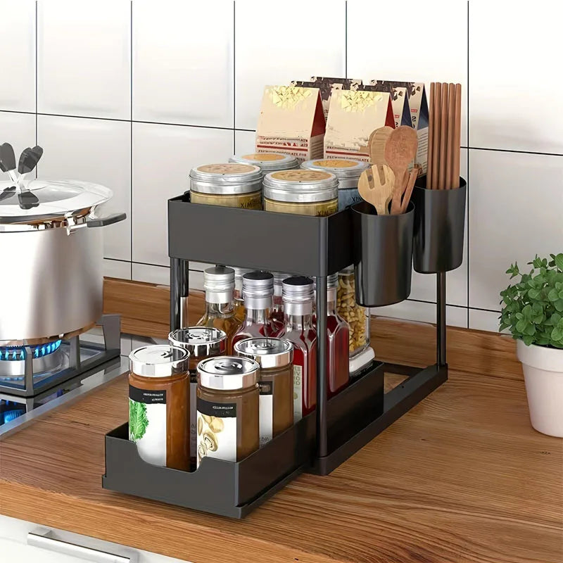 Under Sink Sliding Cabinet Storage Rack with Hooks