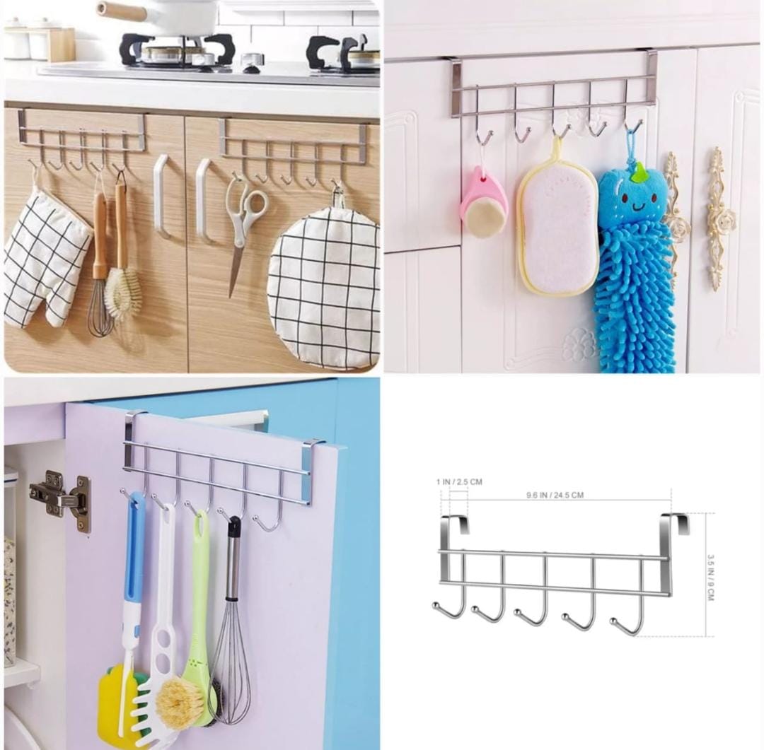 Stainless Steel 5 Hook Hanger Over The Cabinet Hanger Kitchen Accessories - 1Pc