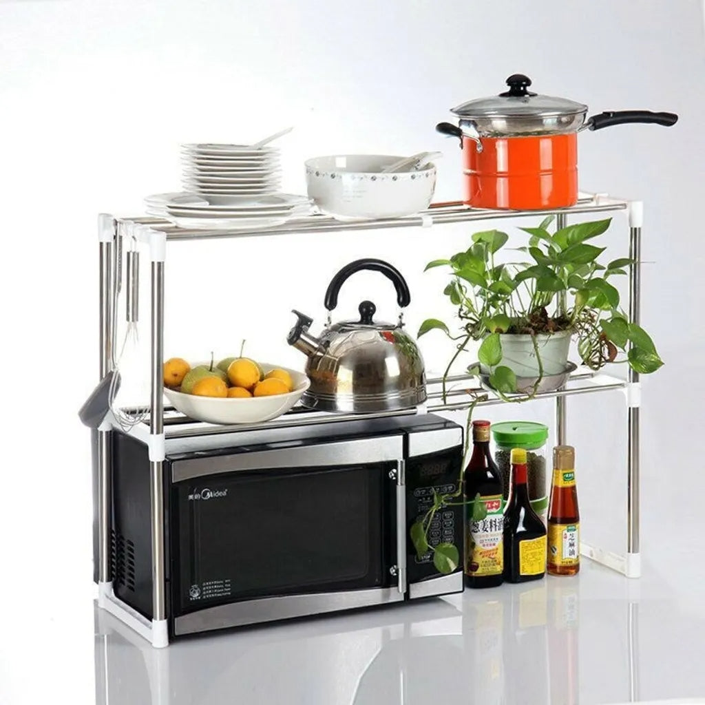 Adjustable Microwave Oven Stand with Telescopic Framework | Heavy-Duty 2-Tier Kitchen Storage & Dish Drying Rack