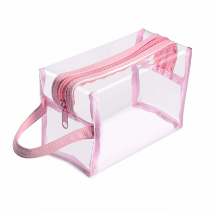 Clear Cosmetic Travel Bag with Handle – Pink Transparent Storage Pouch