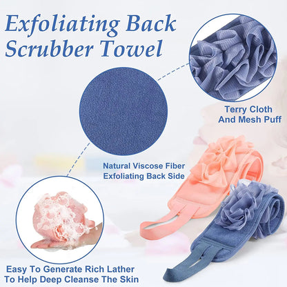2 in 1 Exfoliating Back Scrubber Belt – Long Handle Shower Body Cleaning Towel