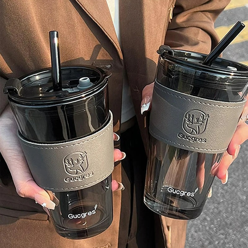 Aesthetic Glass Coffee Cup with Straw & Lid – Heat Resistant Mug