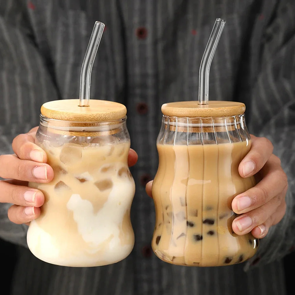 500ml Stripe Glass Cup with Lid & Straw – Iced Coffee Drinking Mug
