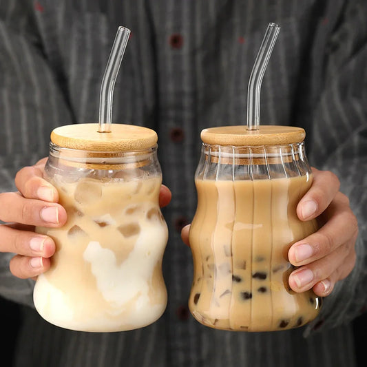 500ml Stripe Glass Cup with Lid & Straw – Iced Coffee Drinking Mug