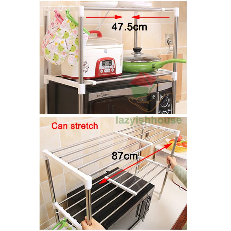 Adjustable Microwave Oven Stand with Telescopic Framework | Heavy-Duty 2-Tier Kitchen Storage & Dish Drying Rack