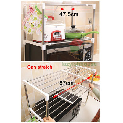 Adjustable Microwave Oven Stand with Telescopic Framework | Heavy-Duty 2-Tier Kitchen Storage & Dish Drying Rack