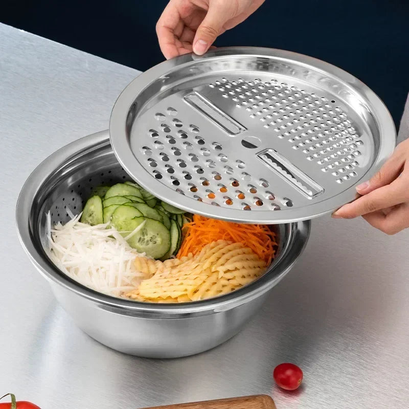 Stainless Steel Vegetable Grater Bowl – Kitchen Drain Basket & Slicer