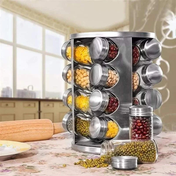 16-Piece Rotating Stainless Steel Spice Rack | 360° Masala Jar Organizer with Glass Jars