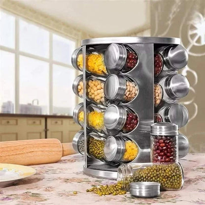 16-Piece Rotating Stainless Steel Spice Rack | 360° Masala Jar Organizer with Glass Jars