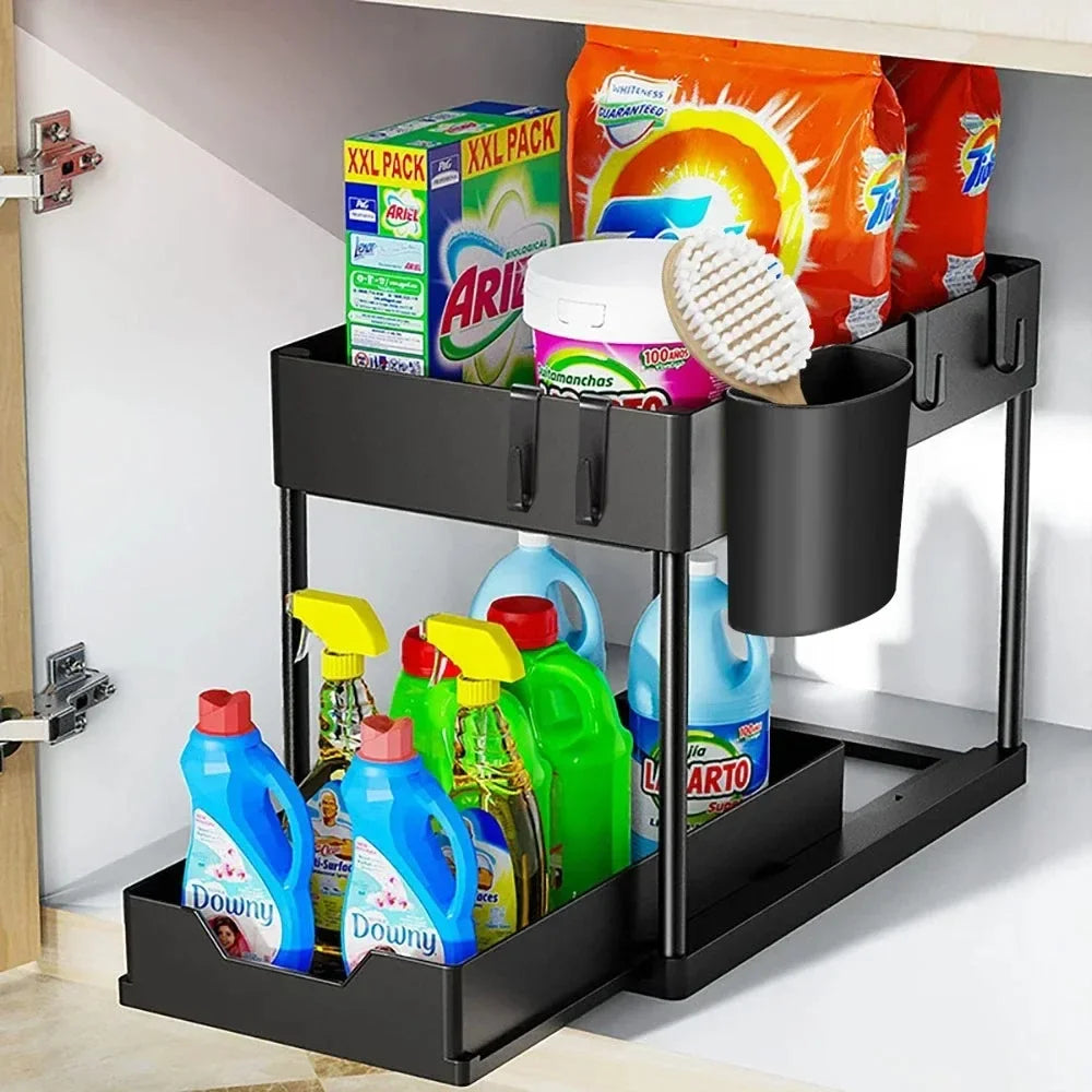 Under Sink Sliding Cabinet Storage Rack with Hooks