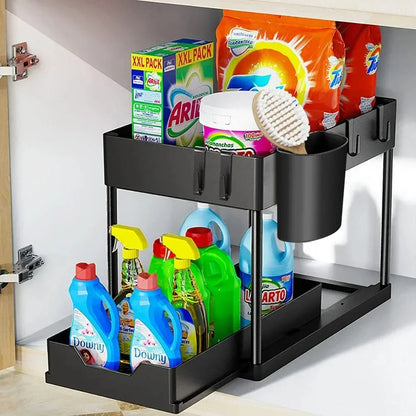 Under Sink Sliding Cabinet Storage Rack with Hooks