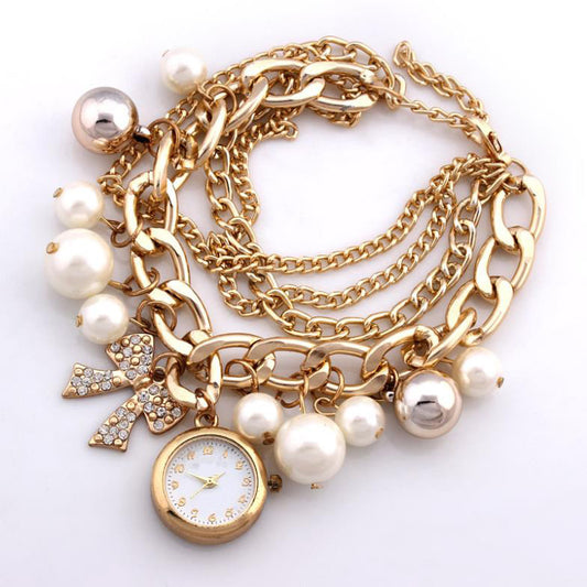 Stylish Golden Pearl Watch For Women