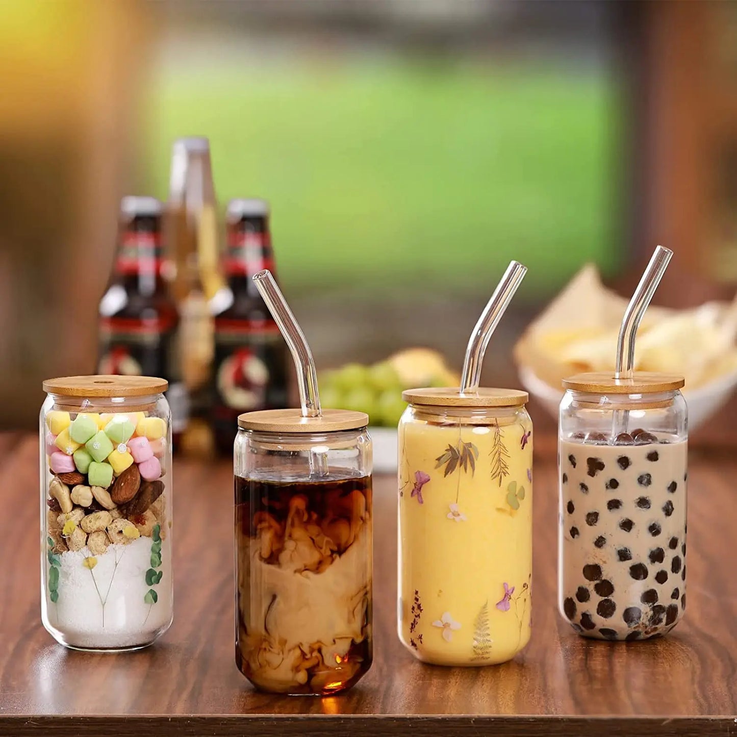 500ml Glass Jar with Straw and Wooden Lid