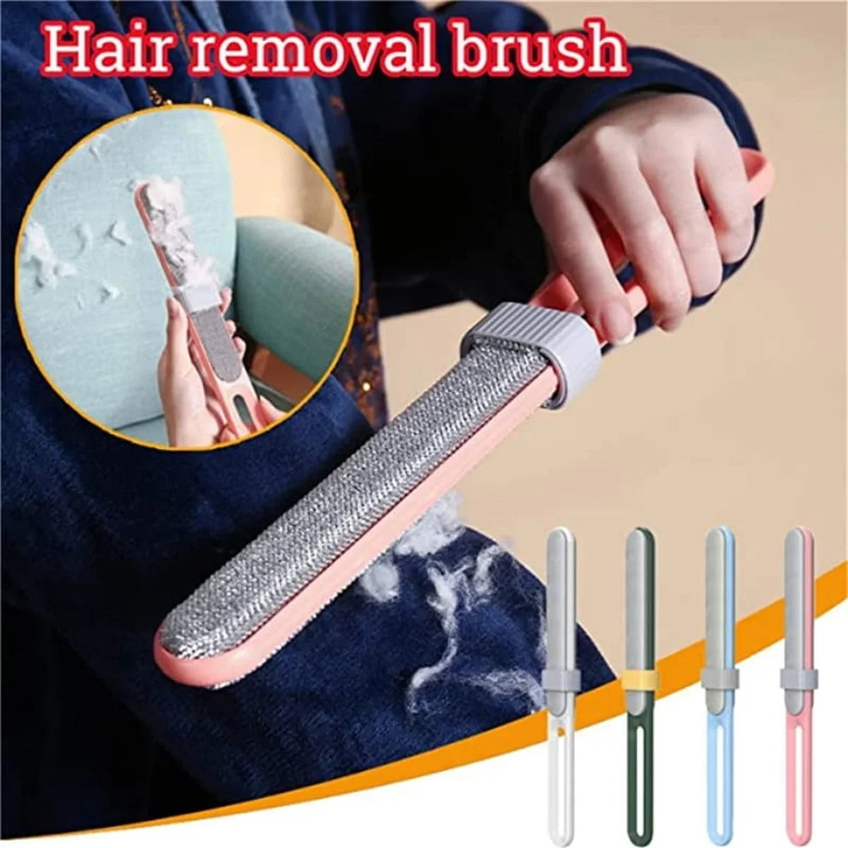 Hair removal brush with close-up inset and additional brushes displayed.