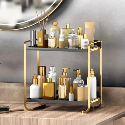 Black & Gold 2 Tier Cosmetics Storage Box | Bathroom Vanity Organizer Rack