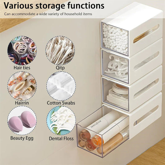 White storage organizer with clear drawers containing various household items on a beige background.