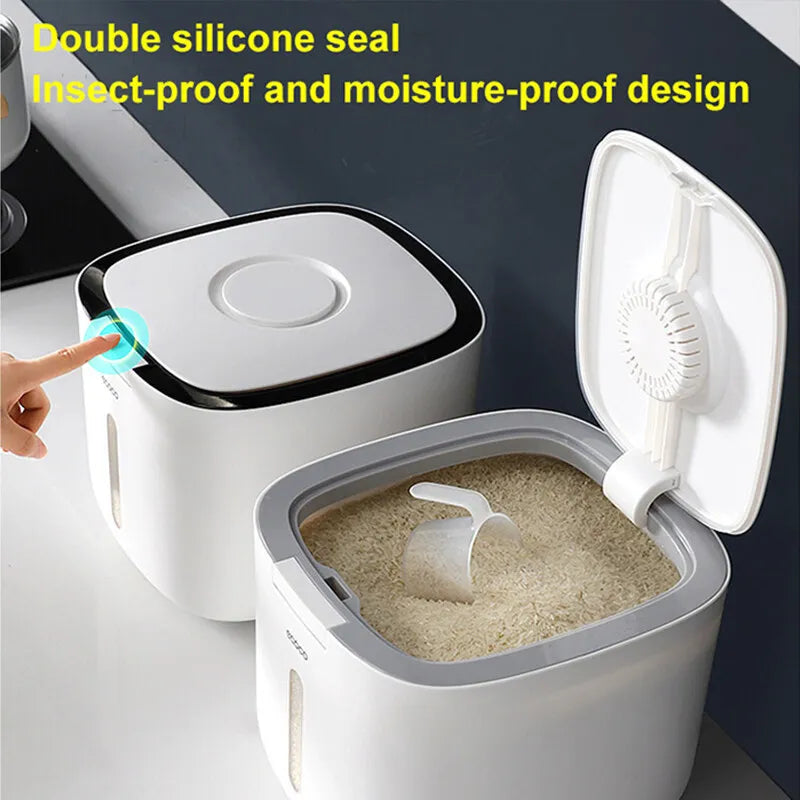 White rice storage container with double silicone seal design, showing rice inside.