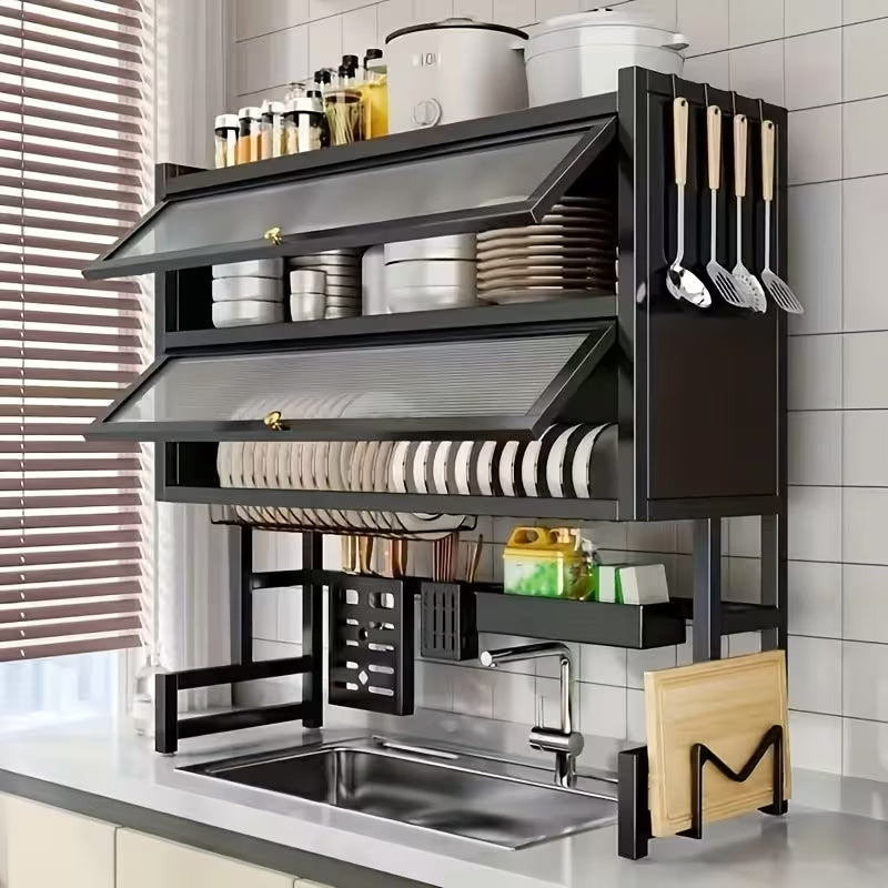 3-Tier Kitchen Countertop Storage Shelf & Dish Rack | Dustproof Sink Organizer – Black Metal