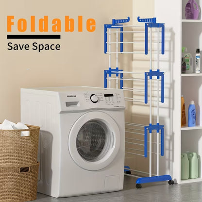 3-Layer Foldable Clothes Drying Rack | Adjustable Stainless Steel Laundry Stand with Side Wings & Wheels