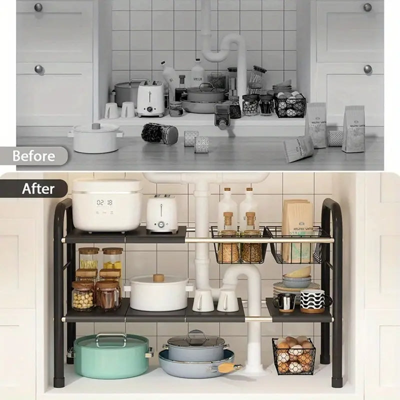Expandable Under-Sink Organizer Rack with Adjustable Shelves & Baskets