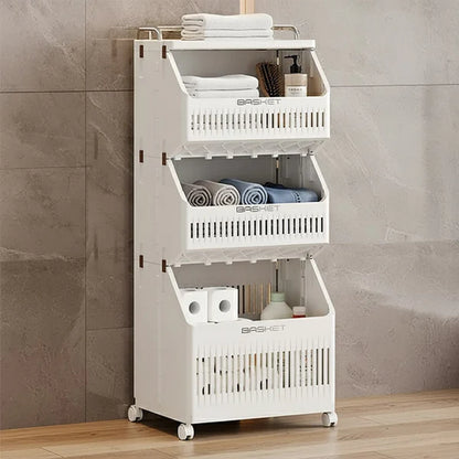 White three-tier storage cart with shelves against a tiled wall.