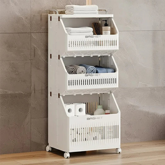 White three-tier storage cart with shelves against a tiled wall.