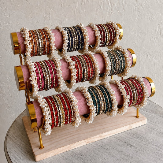 3-Tier velvet bracelet and bangle display stand with wooden base