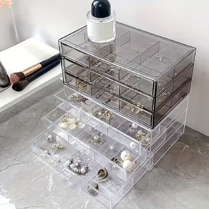 3-layer transparent acrylic jewelry storage box with multi-grid drawers