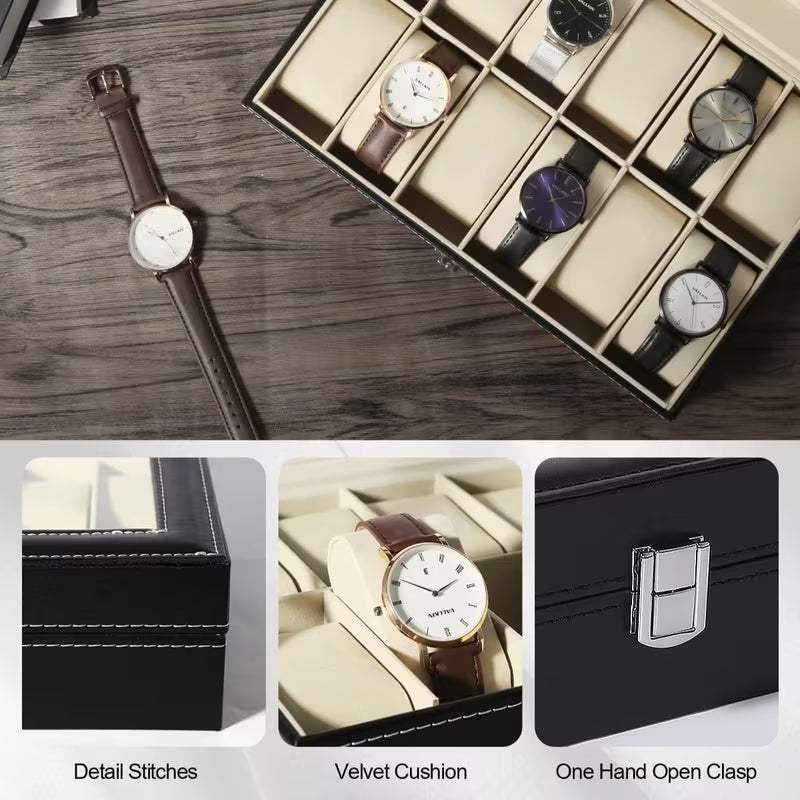Luxury PU Leather Watch Storage Box with Glass Top | 6 / 10 / 12 Slot Watch Display Case