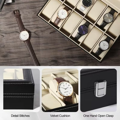 Luxury PU Leather Watch Storage Box with Glass Top | 6 / 10 / 12 Slot Watch Display Case