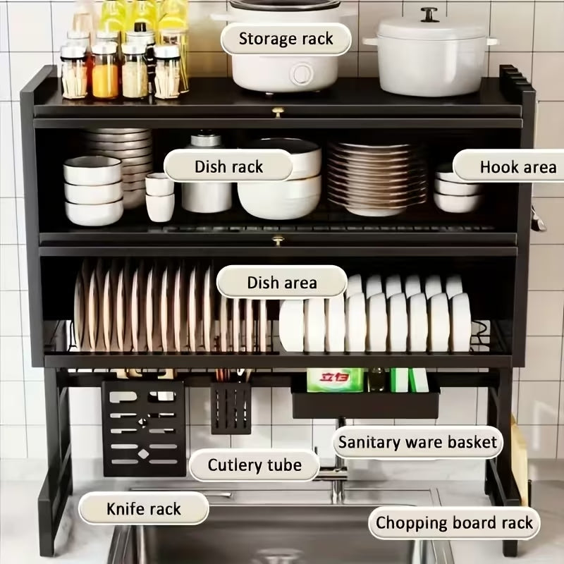 3-Tier Kitchen Countertop Storage Shelf & Dish Rack | Dustproof Sink Organizer – Black Metal