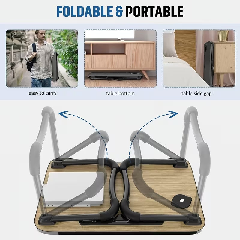 Foldable Wooden Laptop Table for Bed & Sofa | Portable Lap Desk with W-Shaped Legs, Cup & Mobile Holder