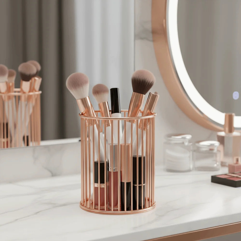 Metal Wire Mesh Pen Holder for Desk – Round Desktop Organizer & Makeup Brush Holder