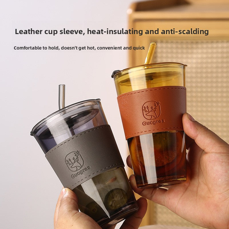 Aesthetic Glass Coffee Cup with Straw & Lid – Heat Resistant Mug