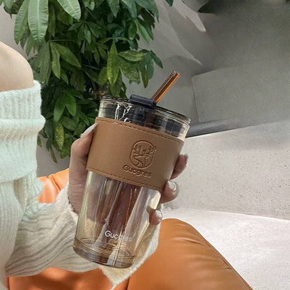 Aesthetic Glass Coffee Cup with Straw & Lid – Heat Resistant Mug