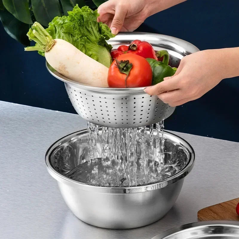 Stainless Steel Vegetable Grater Bowl – Kitchen Drain Basket & Slicer