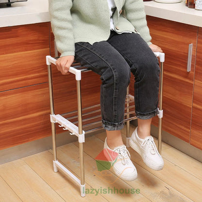 Adjustable Microwave Oven Stand with Telescopic Framework | Heavy-Duty 2-Tier Kitchen Storage & Dish Drying Rack