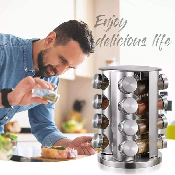 16-Piece Rotating Stainless Steel Spice Rack | 360° Masala Jar Organizer with Glass Jars