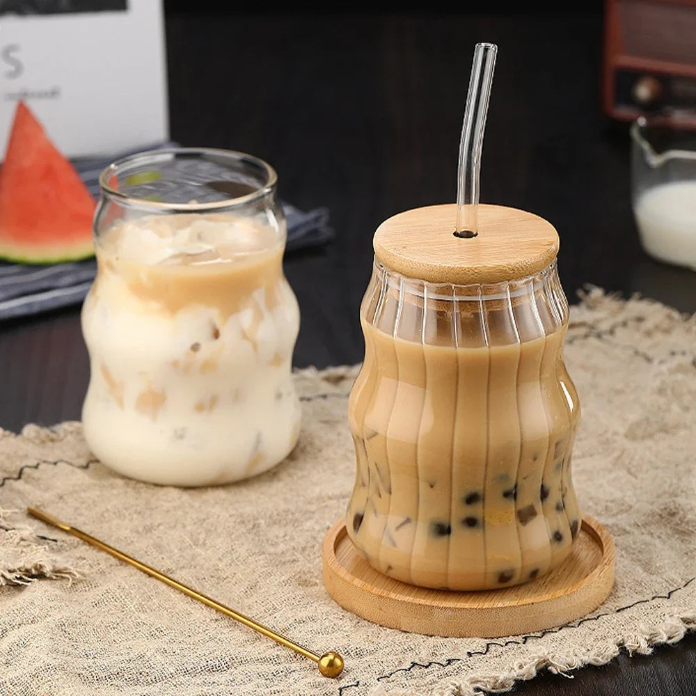 500ml Stripe Glass Cup with Lid & Straw – Iced Coffee Drinking Mug
