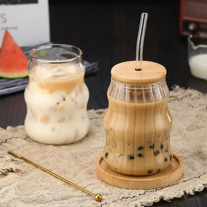500ml Stripe Glass Cup with Lid & Straw – Iced Coffee Drinking Mug