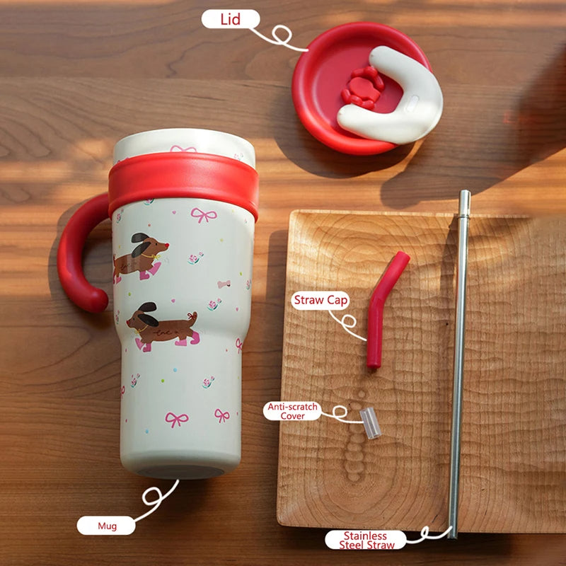 Large Stainless Steel Thermos Cup Water Bottle with Handle & Straw