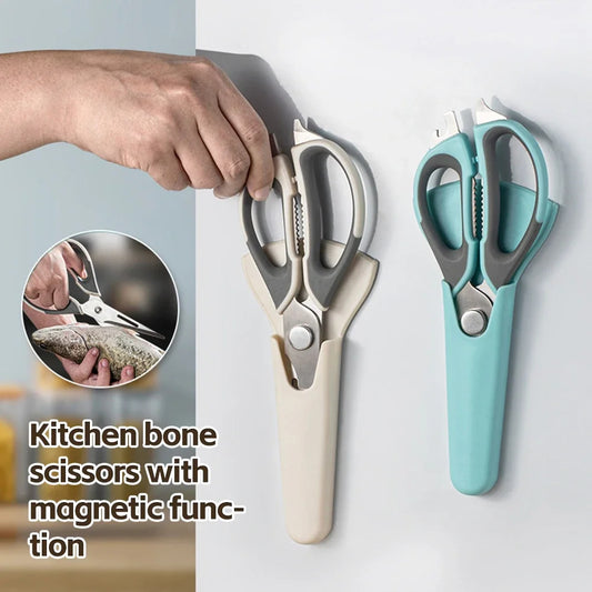 Kitchen bone scissors with magnetic function on a light gray background